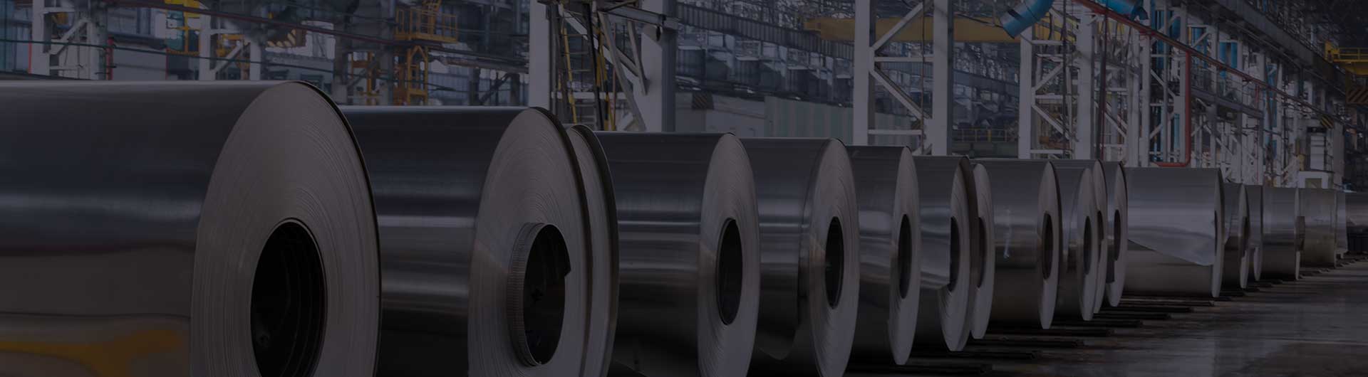 Row of rolls of aluminum lie in production shop of plant.