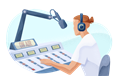Broadcaster in studio on air with mic and mixing console.