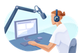 A podcaster speaking into a boom mic in their studio.