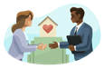 Two people shaking hands in front of building with a heart on it.