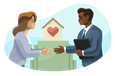 Two people shaking hands in front of building with a heart on it.
