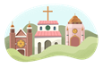A synagogue, church, and mosque side by side.
