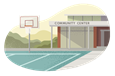 A community center with a basketball court in front.