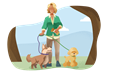 Dog walker outside with two dogs on a leash.