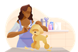 Pet groomer trimming small dog's fur.