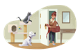 Pet sitter opening door of apartment with a dog and cat.