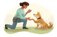 Pet trainer kneeling down and shaking a dog's paw.