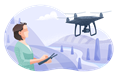 A pilot flying a photography drone over a landscape.
