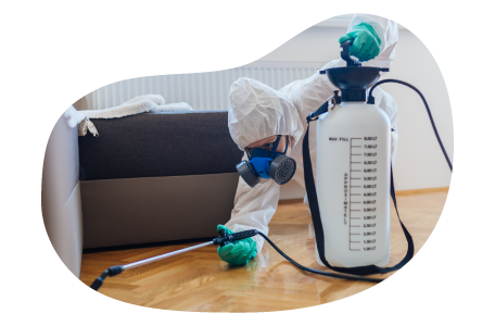 Pest control professional treating a home with chemicals.