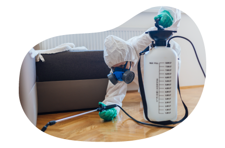 Pest control professional treating a home with chemicals.