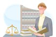 Lawyer reading law book in front of scales of justice.