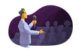 Public speaker with mic in front of audience.