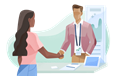 Recruiter shaking hands with an employee.