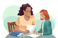Woman tutoring a child with books, paper, and pencil.