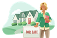 Real estate agent in front of home for sale.