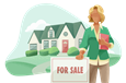Real estate agent in front of home for sale.