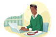 Title abstractor working at laptop beside papers and magnifying glass