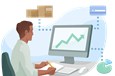 Amazon seller at a desk looking at a profits graph on a monitor.