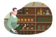 Store owner holding wine bottle in front of shelves of assorted liquor.