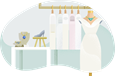 Dresses, jewelry, and shoes on display at a bridal shop.