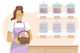 Candy store owner holding basket of lollipops in front of candy display.