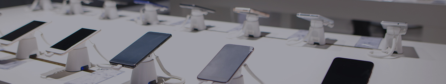 A display of multiple smartphones at a store