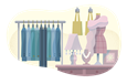 Jackets, lamp, and other items at a consignment shop.