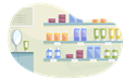 Makeup and skin care products on shelves in a cosmetics shop.