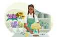 Florist putting flowers into vase on a counter.