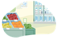 Apples, oranges, and other fruit and drinks in a grocery store.