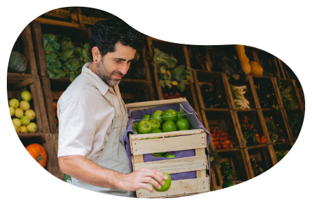 Grocery store employee stocking a produce shelf. Grocery store employee stocking a produce shelf.