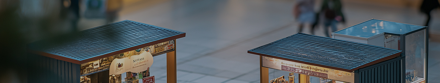 Kiosks displaying a range of products in a mall.