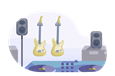 Guitars, speakers, and a mixer on display at a music store.