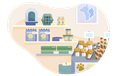 Pet carriers, food, and treats on display in a pet store.