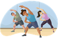 Three people doing stretches in a fitness studio.