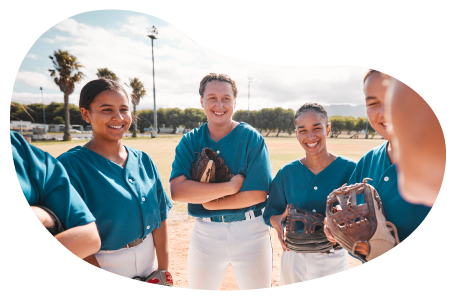 Members of a softball sports club gather on a field. Members of a softball sports club gather on a field.