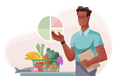 Health educator speaking in front of fresh fruits, vegetables, and fish.