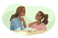 Speech therapist helping a girl with a speech impediment.