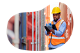 Freight broker employee examining a the contents of shipping containers.