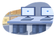 Monitors and computers on display in front of shelves of boxes.
