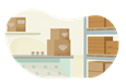Boxes of jewelry on shelves next to a desk and computer.