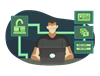 Man at computer with icons representing cyber risks.