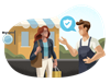 Man and woman talking in front of a storefront.