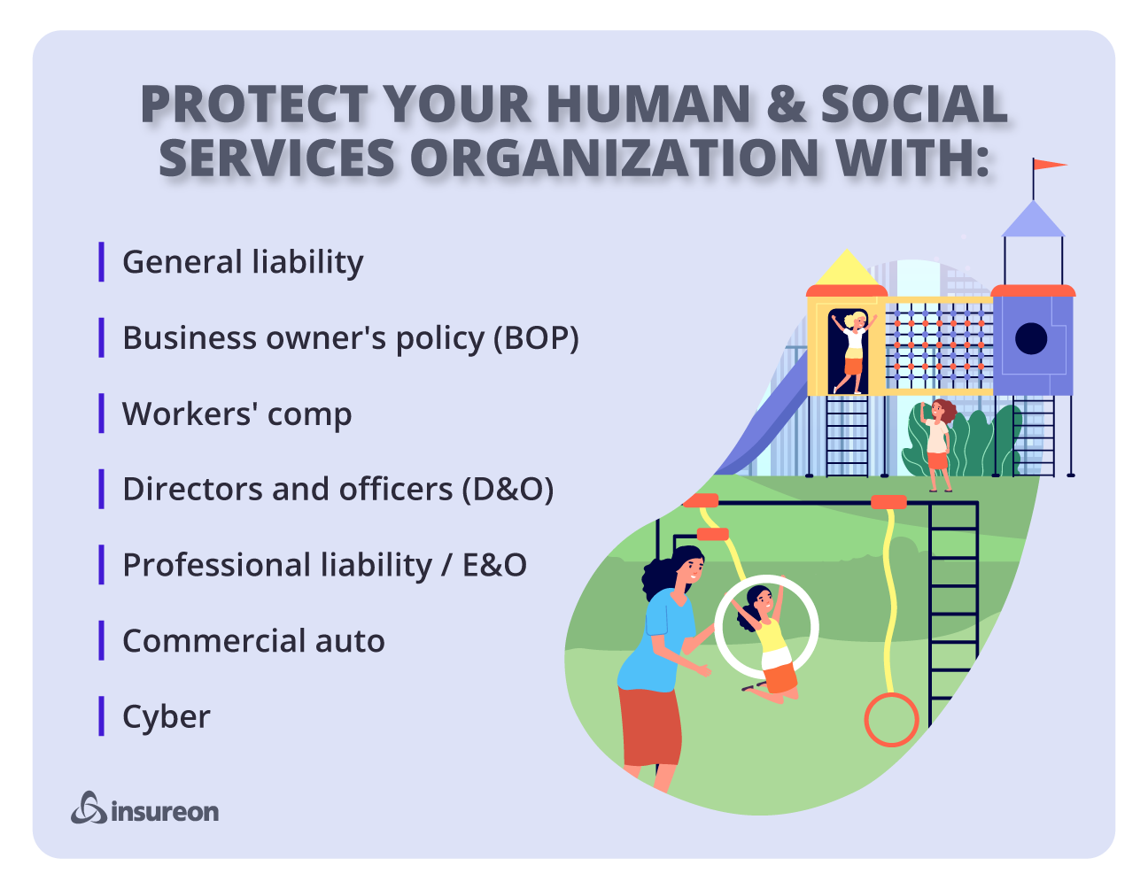 Recommended insurance policies for human and social services organizations.