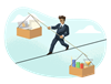 Businessperson balancing boxes on a tightrope.