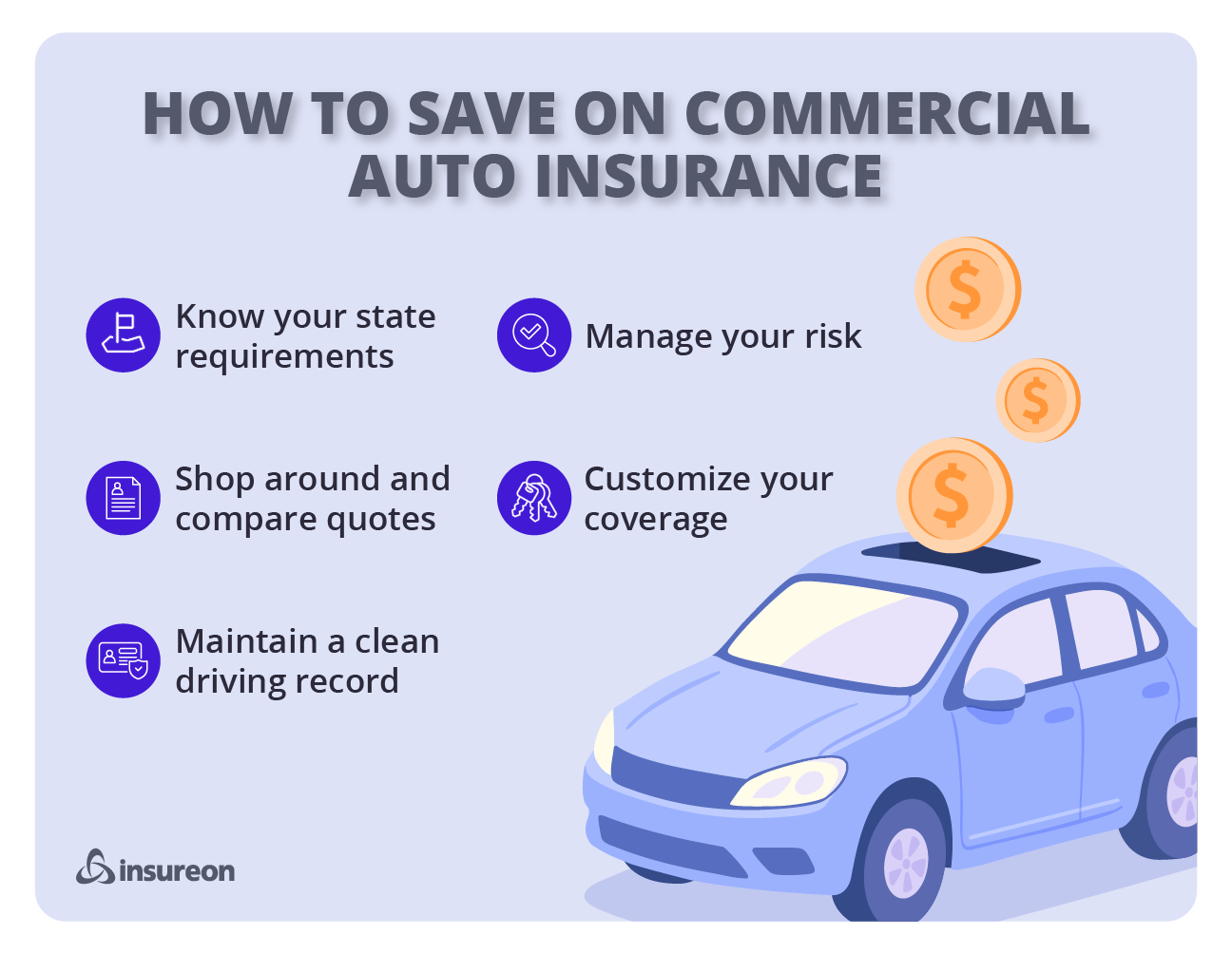How to save on commercial auto insurance graphic.