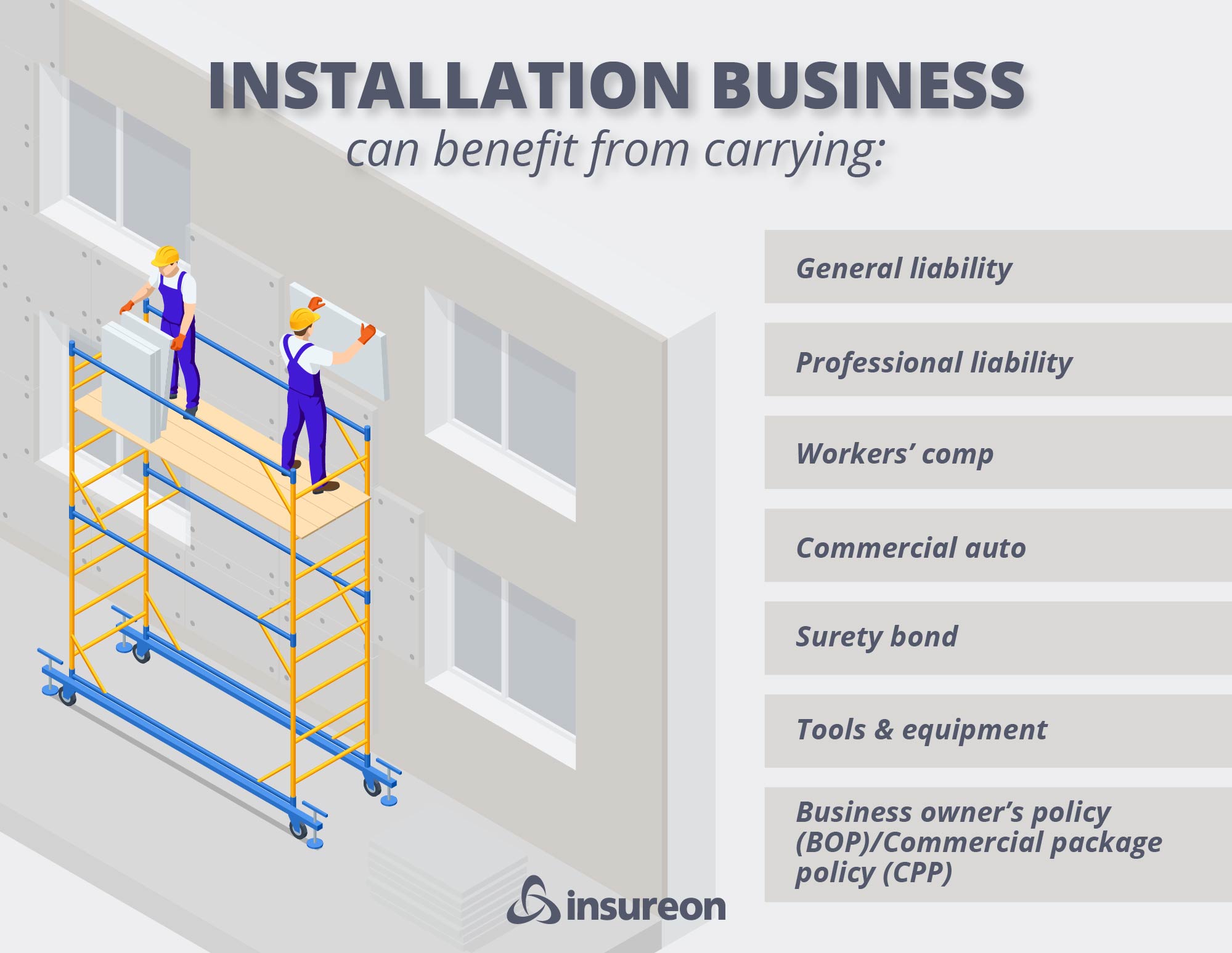 Recommended insurance policies for installation businesses graphic. Recommended insurance policies for installation businesses graphic.
