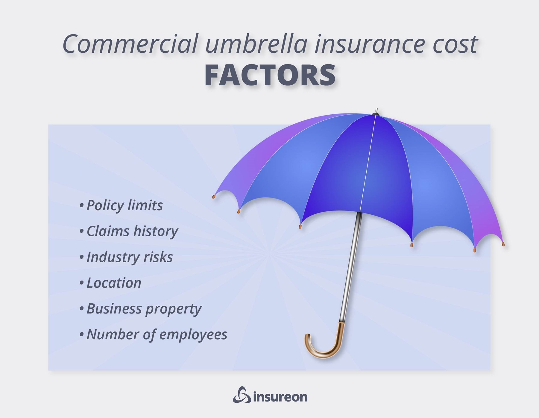 Umbrella insurance cost factors graphic. Umbrella insurance cost factors graphic.