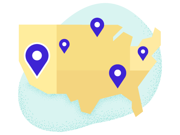 Map of United States with select cities pointed out