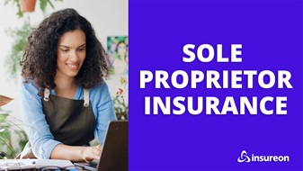 A small business owner (sole proprietor) doing business work on a laptop with text that says "Sole proprietor insurance" on the right half of the image.